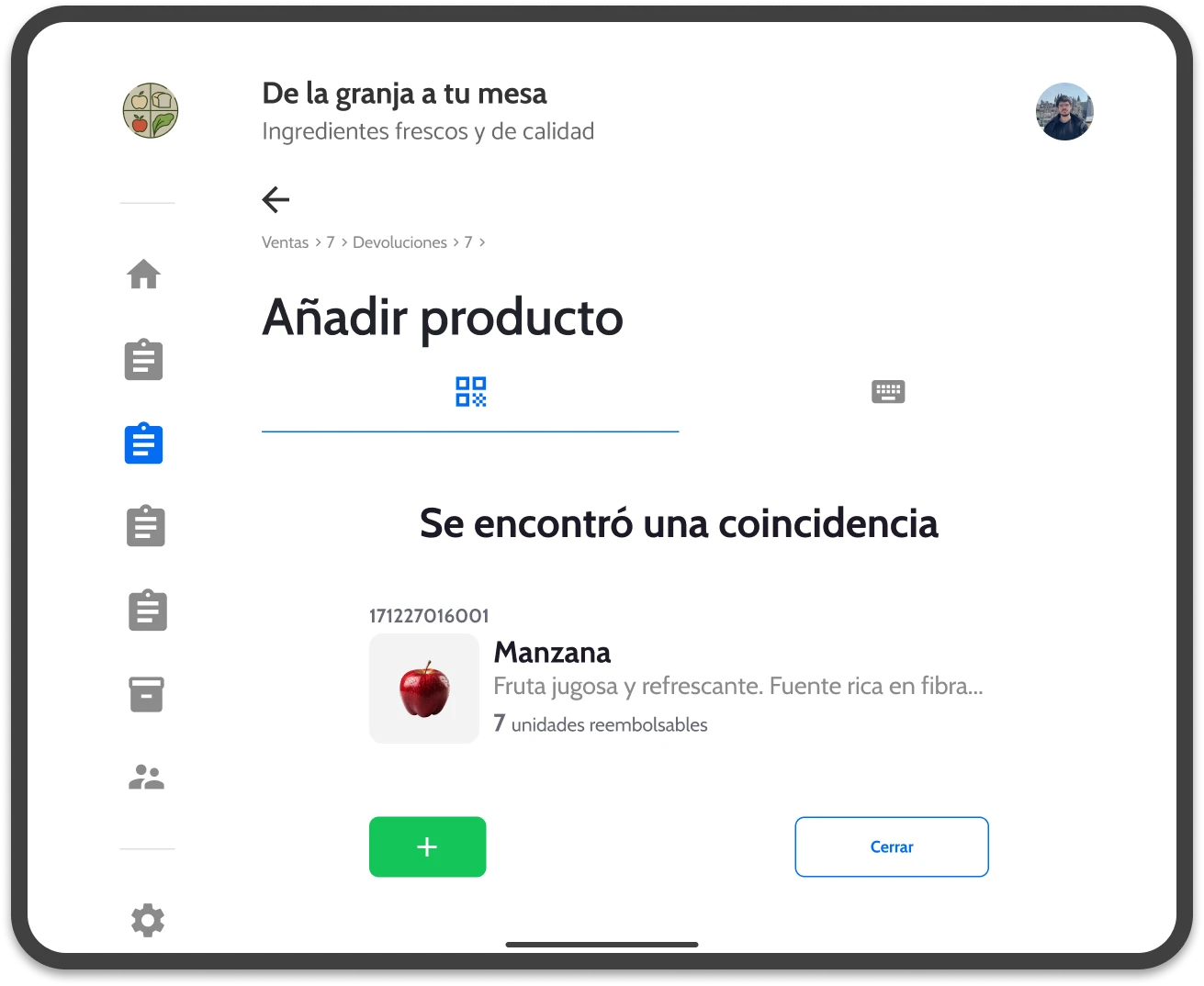 Interfaz de Wicadu Store en tablet para agregar productos a una orden por escaneo o búsqueda por palabras clave.