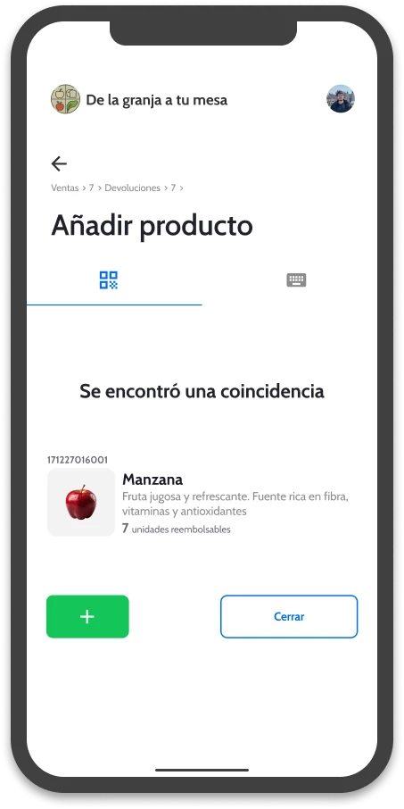 Interfaz de Wicadu Store en teléfono para agregar productos a una orden por escaneo o búsqueda por palabras clave.