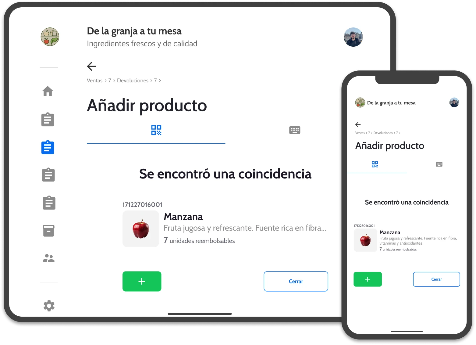 Interfaz de Wicadu Store en teléfono y tablet para agregar productos a una orden por escaneo o búsqueda por palabras clave.