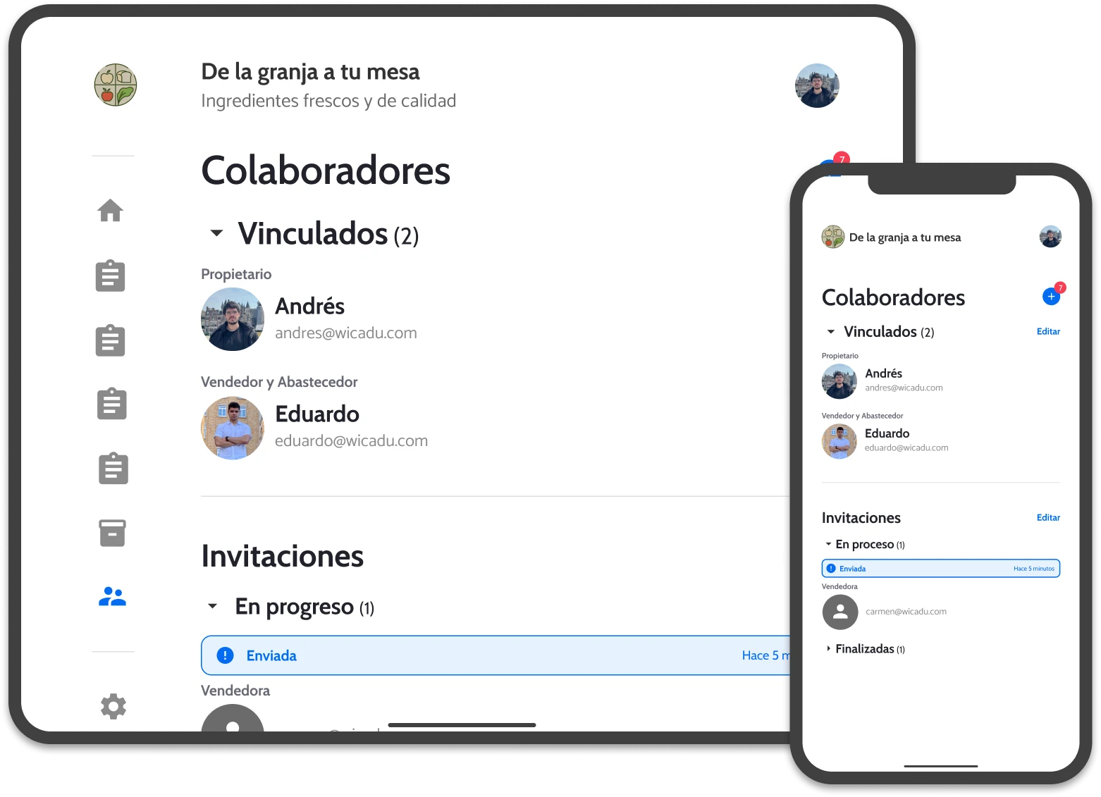 Interfaz de wicadu en un teléfono y tablet para la gestión de empleados con colaboradores vinculados e invitaciones pendientes.