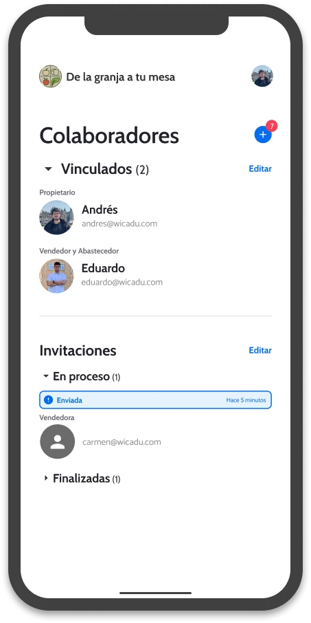 Interfaz de wicadu en un teléfono para la gestión de empleados con colaboradores vinculados e invitaciones pendientes.