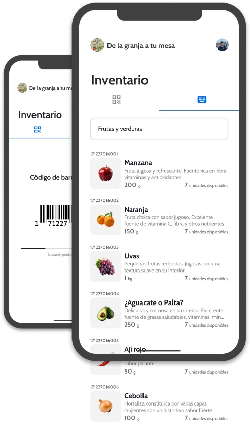 Interfaz de wicadu en un teléfono mostrando inventario de frutas, verduras y un lector de código de barras.
