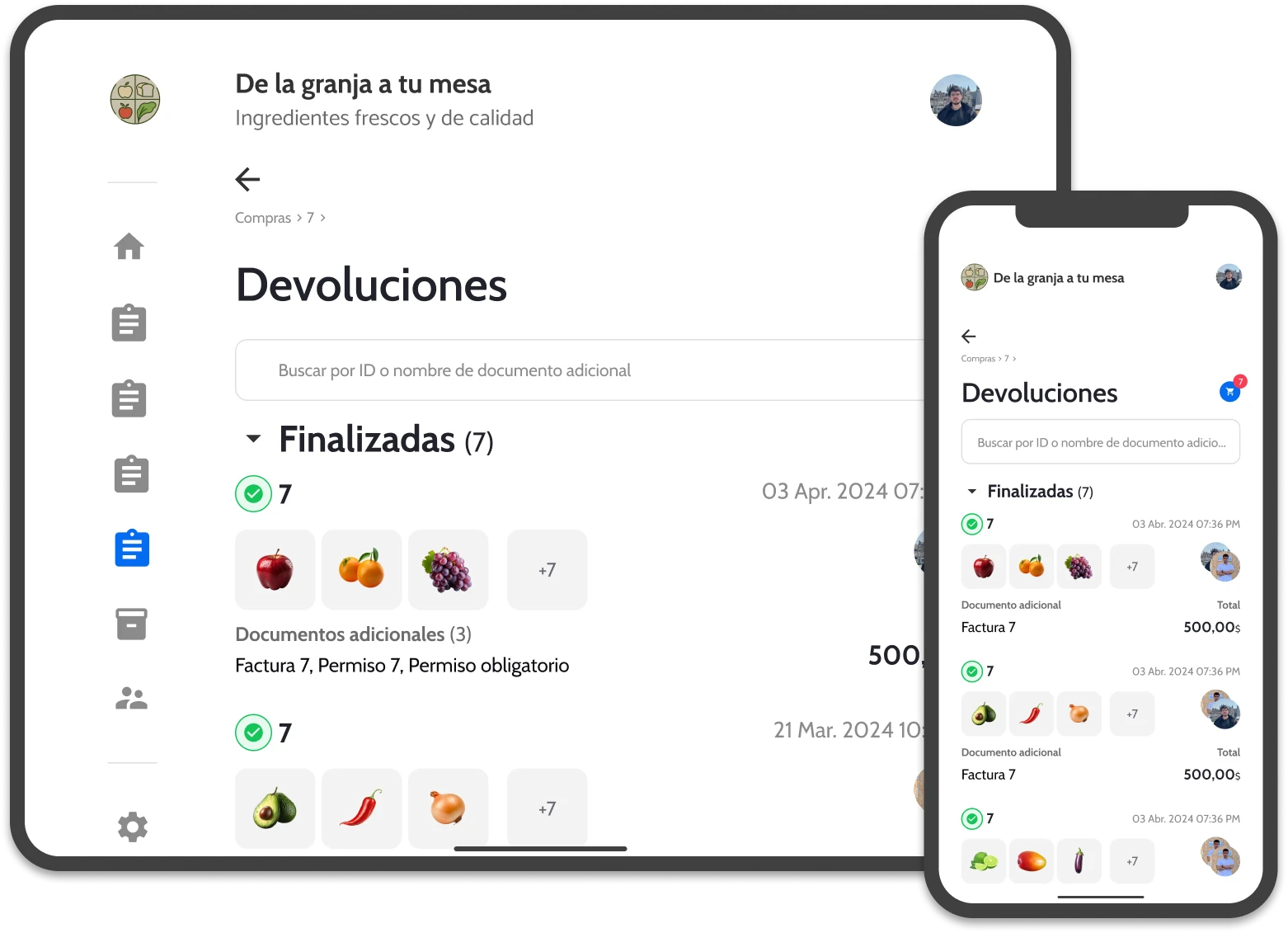 Interfaz de Wicadu Store en teléfono y tablet mostrando lista de devoluciones para compras o ventas.